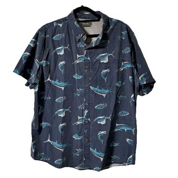 Eddie Bauer Mens XL Swordfish Ocean Fishing‎ Shirt Blue Dorado Marlin Button Up - Picture 1 of 8